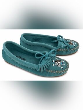 Minnetonka blue suede beaded moccasins. Blue suede shoes.  Good condition- 6